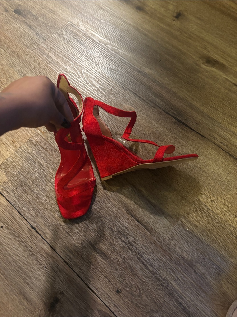 Red Strappy Wedge Sandals - Women's Fashion Heels